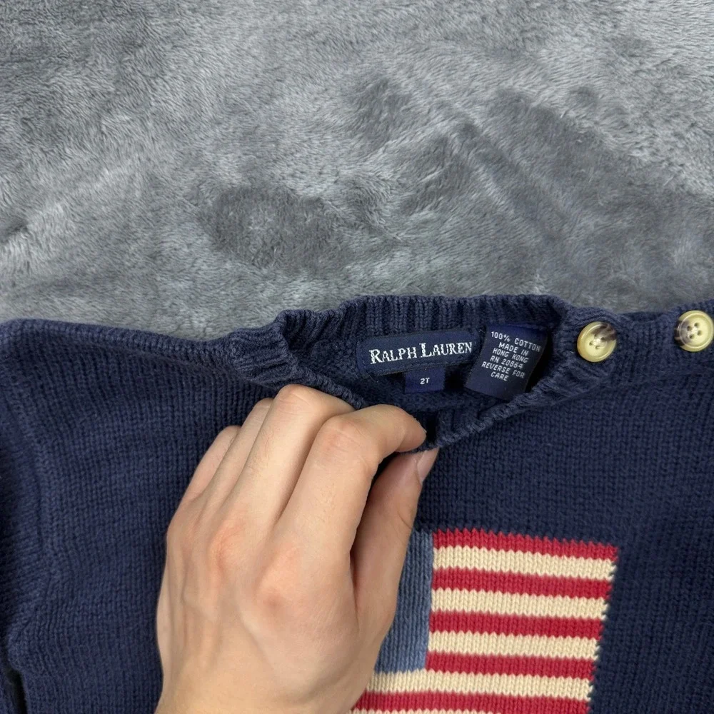 Ralph Lauren Sweater Toddler 2T Navy Blue American Flag Knit Button Shoulder